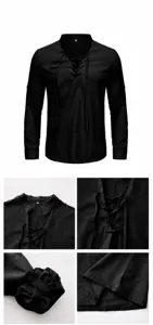 Detailed shots of men's black lace-up cotton shirt showing the collar and hem detail