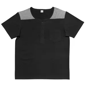 Front view of a men's black short sleeve Henley shirt with gray shoulder patches and pocket