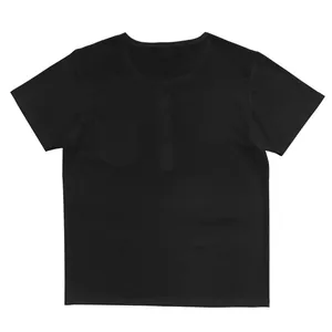 Front view of a men's black short sleeve Henley shirt with buttons and chest pocket.