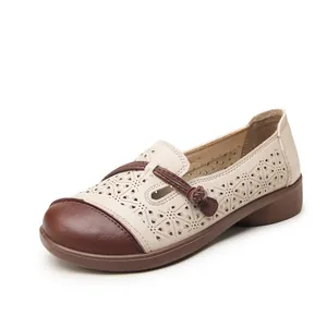 Comfortable breathable hollow leather loafers for elderly women in beige and brown color