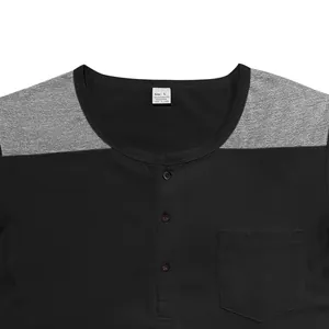 Close-up view of a men's short sleeve Henley shirt featuring a button collar and pocket