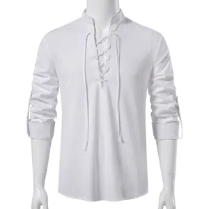 Chemise Henley décontractée en coton pour hommes avec encolure à cordon de serrage