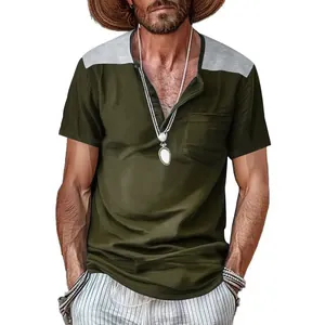 Men's V-neck Henley shirt detail featuring color-block design and chest pocket
