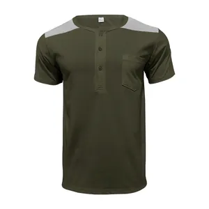 Men's dark green short sleeve Henley shirt with grey color block shoulders and front pocket