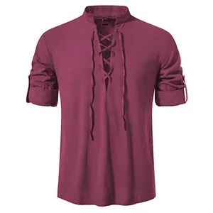 Casual men's wine red cotton linen Henley shirt with lace-up front and stand collar style