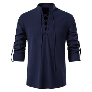 Men's navy blue cotton Henley shirt featuring lace-up front and adjustable roll-up sleeves