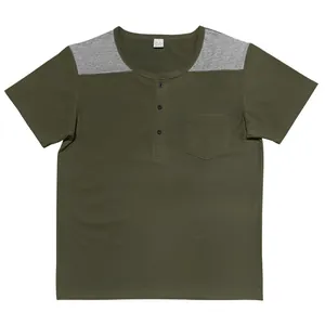 Men's olive green Henley shirt with grey shoulder patches and a front chest pocket