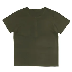 Detailed front view of men's olive green short-sleeve Henley shirt with button pocket