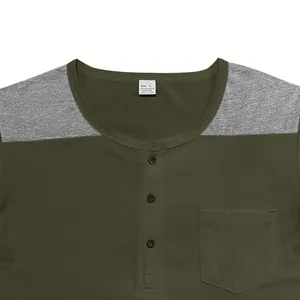 Detailed close-up view of a men's army green Henley shirt with contrast grey shoulders.