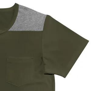 Detail view of olive green Henley shirt with grey shoulder patch and chest pocket