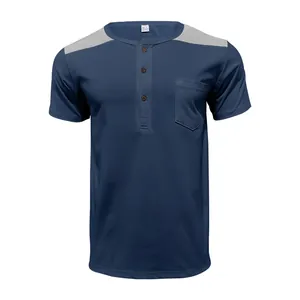 Front view of men's navy blue Henley shirt with grey shoulder panels and pocket detail