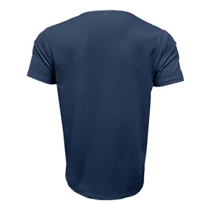 Detailed back view of a navy blue men's short-sleeved V-neck Henley shirt in high quality