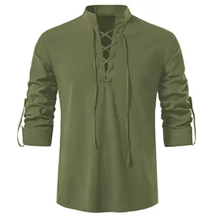 Front view of olive green cotton linen lace-up shirt with mandarin collar details