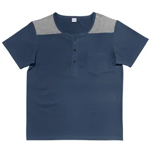 Men's short sleeve Henley t-shirt with V-neck and color block design in navy and grey.