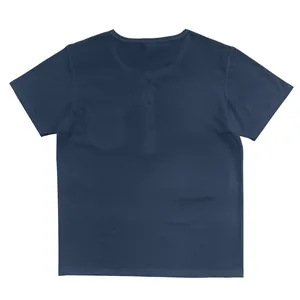 Flat lay view of a navy blue men's short-sleeve Henley shirt with V-neck button detail.