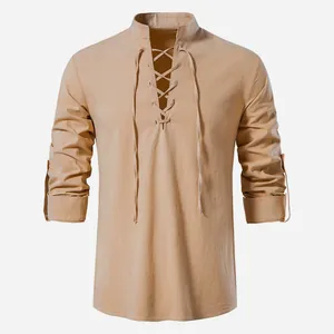 Casual men's cotton linen Henley shirt featuring a lace-up stand collar in khaki beige