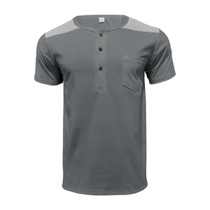 Men's grey short sleeve Henley shirt with shoulder color block and chest pocket detail.