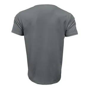 Back view of a classic dark grey men's short sleeve T-shirt with soft fabric texture