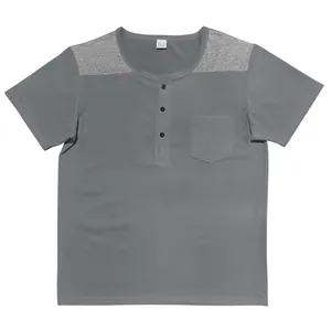 Close-up of men's color block short sleeve Henley shirt with pocket and buttons