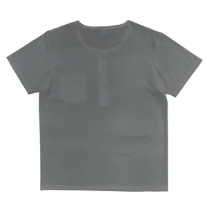 Close-up view of grey short-sleeved Henley shirt with chest pocket and button placket.