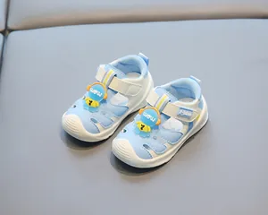 Light blue baby summer walking shoes with cute astronaut decor and closed-toe design
