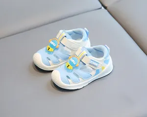 Blue toddler beach sandals with cute bear decoration and protective closed toe design
