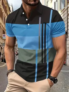 Heren Casual Gestreepte Bedrukte Poloshirt Korte Mouw Omslagkraag Ruime Pasvorm Zomer Polyester Patchwork Top