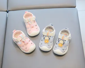Breathable toddler sandals featuring soft soles and cute cartoon character decorations.