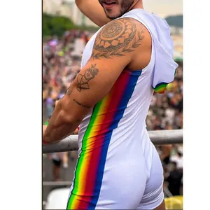 Detail view of a men's white hooded bodysuit featuring a vibrant rainbow side stripe