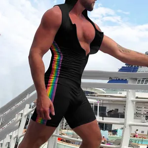 Detailed view of men's sleeveless hooded bodysuit featuring rainbow side stripes
