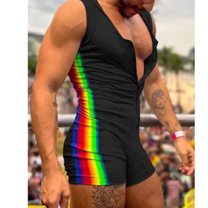 Men's sexy sleeveless slim fit black bodysuit featuring vibrant side rainbow stripes