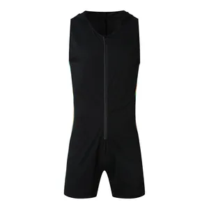 Detail view of men's sleeveless hooded bodysuit with rainbow side stripes and zipper.