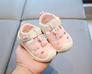 Pink and white toddler sandals with cute bear decoration for boys and girls