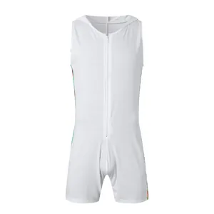 White men's sleeveless bodysuit featuring a full front zipper and colorful side stripes.