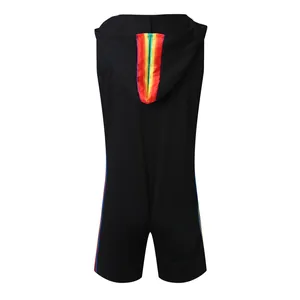 Back view of a men's black sleeveless hooded jumpsuit featuring vibrant rainbow side stripes.