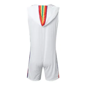 Back view of men's white sleeveless hooded bodysuit with rainbow stripe details