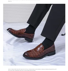 Brown crocodile embossed leather loafers for men formal business attire