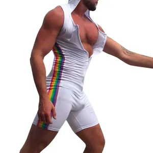 Sexy men's hooded sports bodysuit with rainbow stripes in white finish
