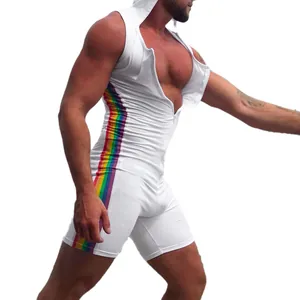 Sexy weißer ärmelloser Herren-Jumpsuit mit Kapuze und Regenbogenstreifen für Fitness