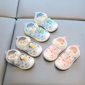 Non-slip soft-sole toddler closed-toe sandals for summer in blue, pink, and grey colors
