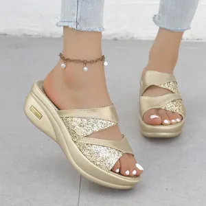 Sandali con Zeppa Stile Western da Donna con Glitter Suola Spessa Corda di Canapa Mules Punta Tonda Scarpe Casual Moda