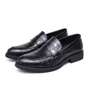 Classic black men's loafers with elegant crocodile skin texture for business and casual wear