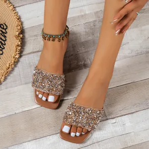 Elegant women's square toe flat slides featuring shimmering multi-color sequins