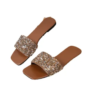Elegant women's flat slides with sparkling bronze glitter one-strap summer sandals