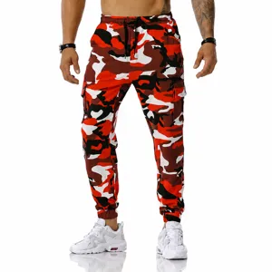 Detailed view of men's red camouflage cargo joggers featuring elastic cuffs and side pockets
