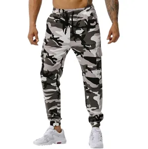 Men's stylish camouflage cargo joggers featuring drawstring waist and white sneakers