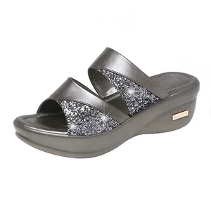 Eleganti sandali con zeppa glitter argento da donna con suole spesse e cinturini
