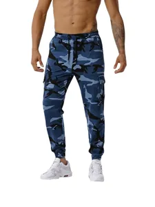 Men's blue camouflage cargo jogger pants with drawstring waist for outdoor sports