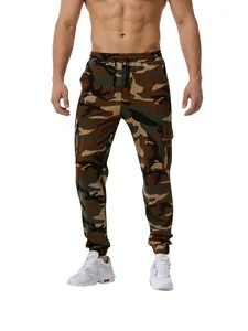 Men's woodland camouflage joggers with drawstring waist and cargo pockets for gym