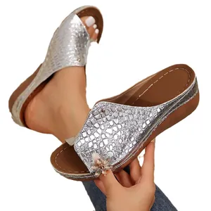 Stylish silver crocodile embossed PU wedge slides with peep toe and decorative flower charm